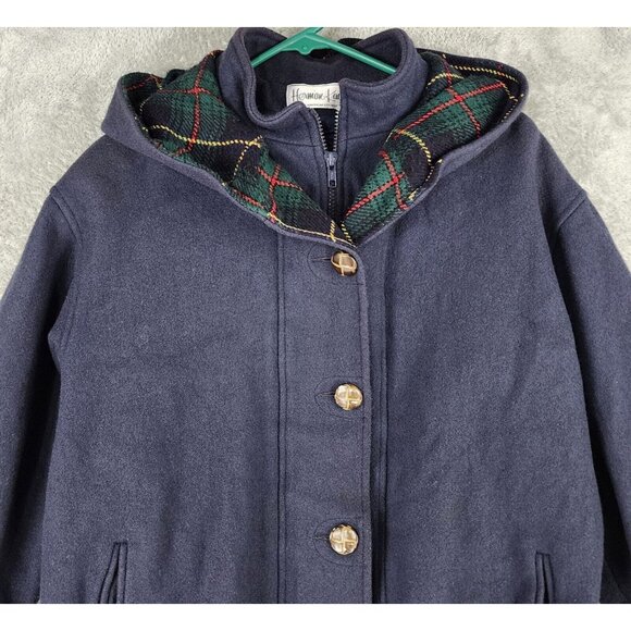 Herman Kay Jacket Womens Size 10 Blue Wool Blend Full Zip Button Hooded Overcoat - Picture 7 of 11